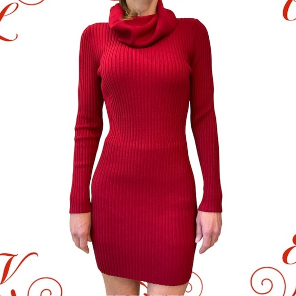 Valentine Red Sweater Dress Bodycon Fit Long Sleeve, Cow Neck, Short Length Sz S - Picture 3 of 11
